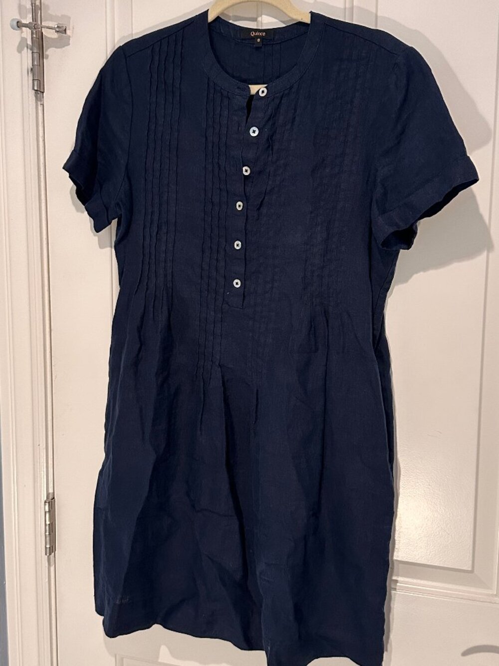 Quince European Linen Short Sleeve Swing Dress, Navy, Size S